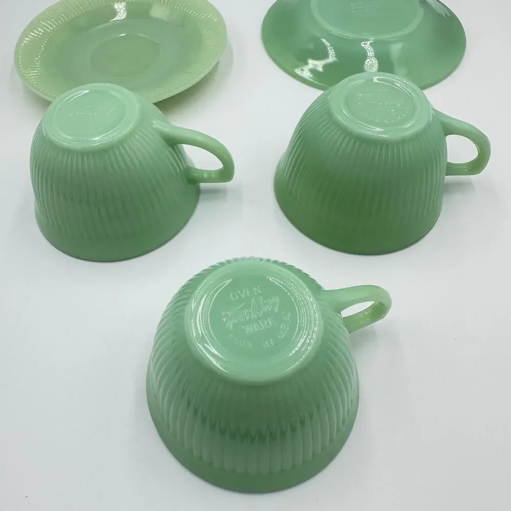 Fire King Coffee Tea Cup & Saucer Jane Ray JadeIte by ANCHOR HOCKING 5pc Set